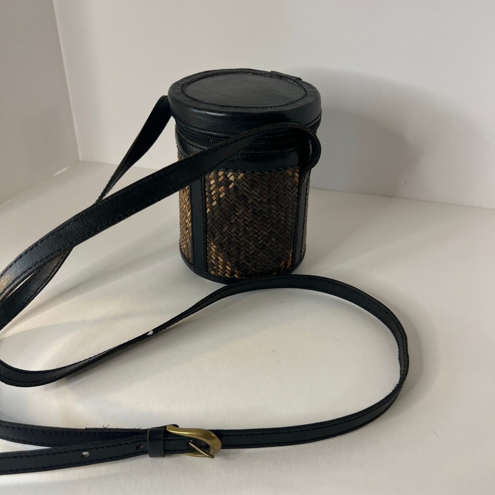 Vintage Rattan Leather Cylinder Crossbody Bag Brown 4 x 6" Zip Closure